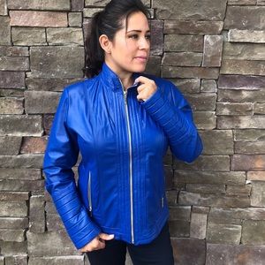 Blue, genuine leather jacket. Made in Ecuador.